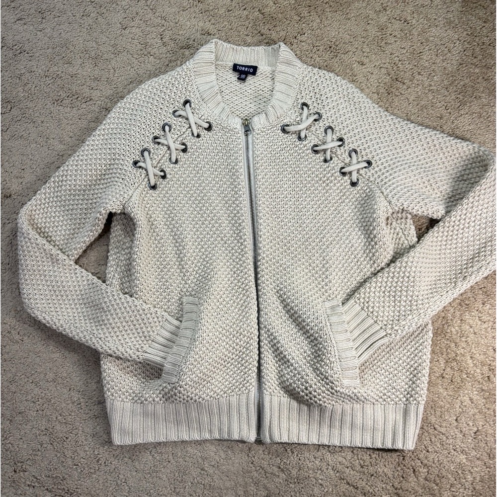 Torrid Cream Lace-up Shoulder Knit Bomber Sweater Women 00 Acrylic Pockets